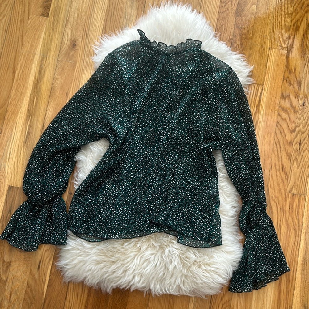 Zara Polka Dot Pattern Green Long Sleeve Top with Bell Sleeve